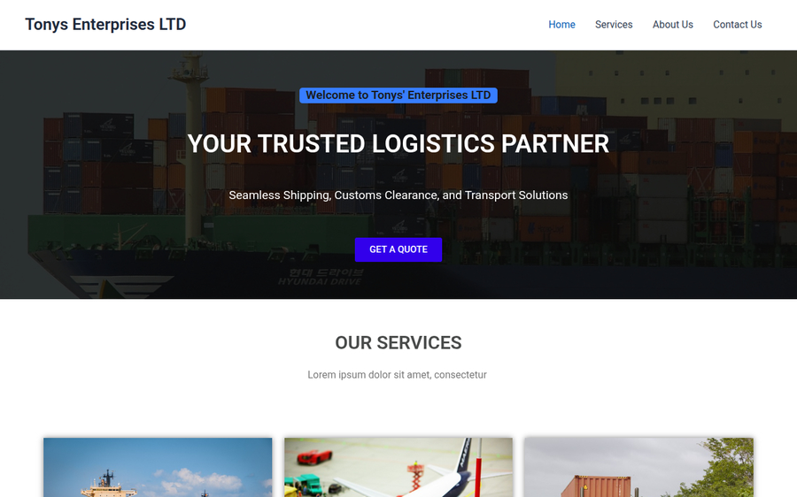 Tony's Enterprises LTD shipping and customs clearance website